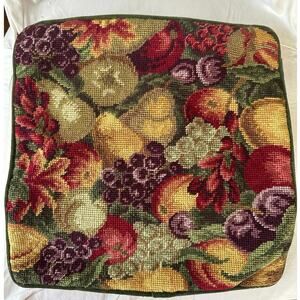 Vintage Williamsburg Needlepoint Fruit Green Velvet Back Throw Pillow case13x14”